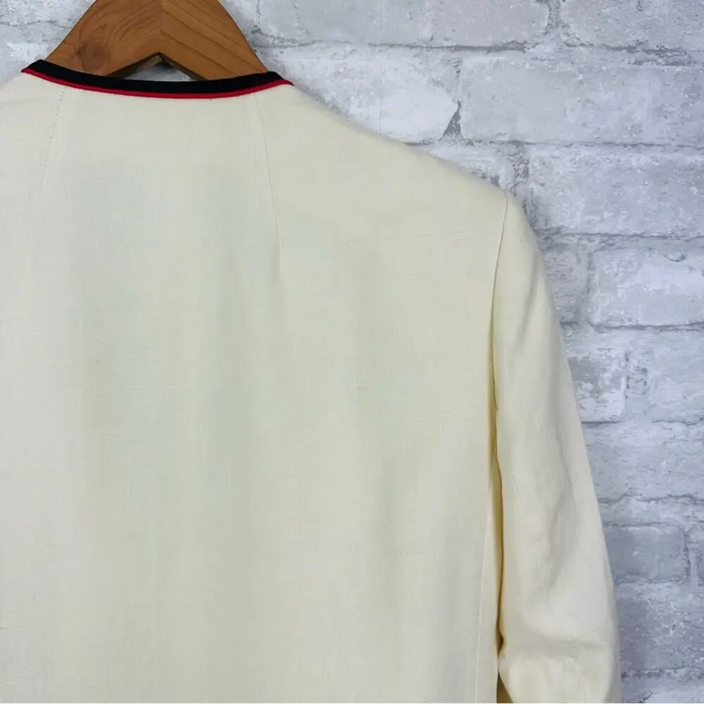 Vintage Christian Dior Linen Blend Jacket Size 6 Cream Black Red Classic Prep